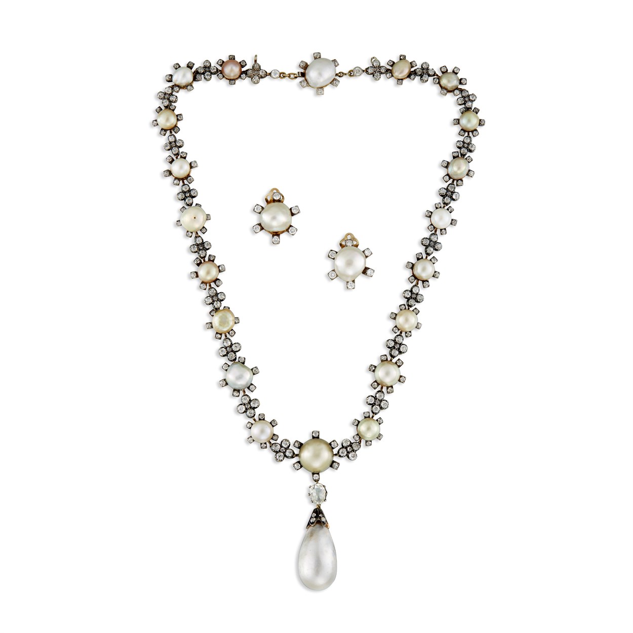Lot 34 - Antique natural pearl, baroque pearl, and diamond necklace and earrings