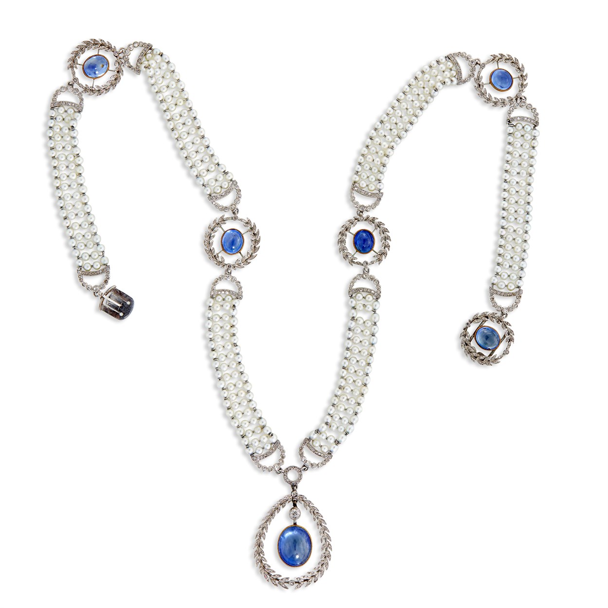Lot 54 - A Belle Époque seed pearl, sapphire, and diamond necklace