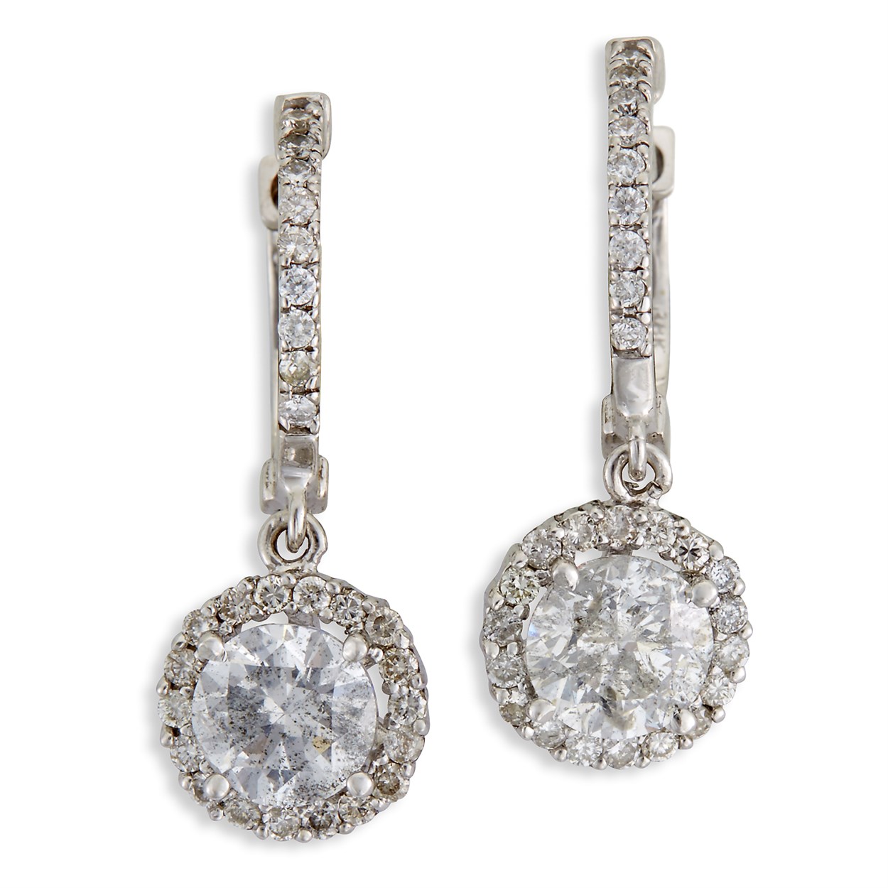 Lot 16 - A pair of diamond and eighteen karat white gold pendant earrings