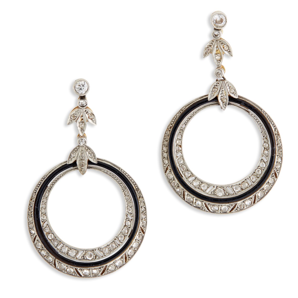 Lot 15 - A pair of diamond and enamel ear pendants