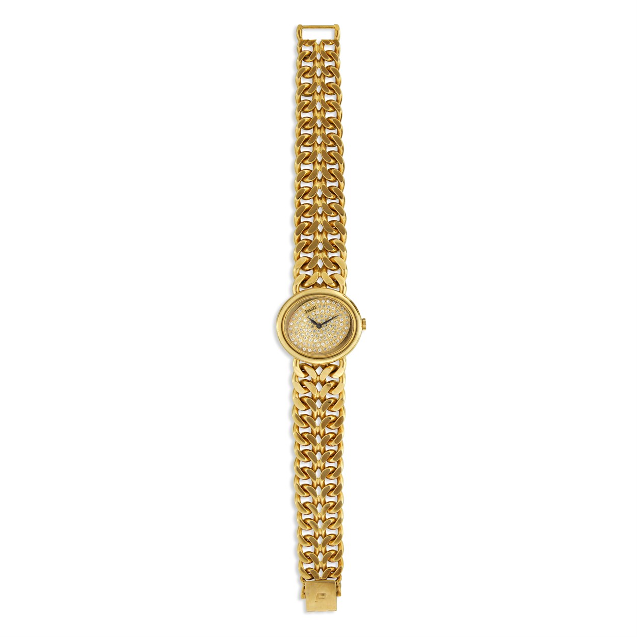 Lot 85 - An eighteen karat gold and diamond bracelet wristwatch, Piaget