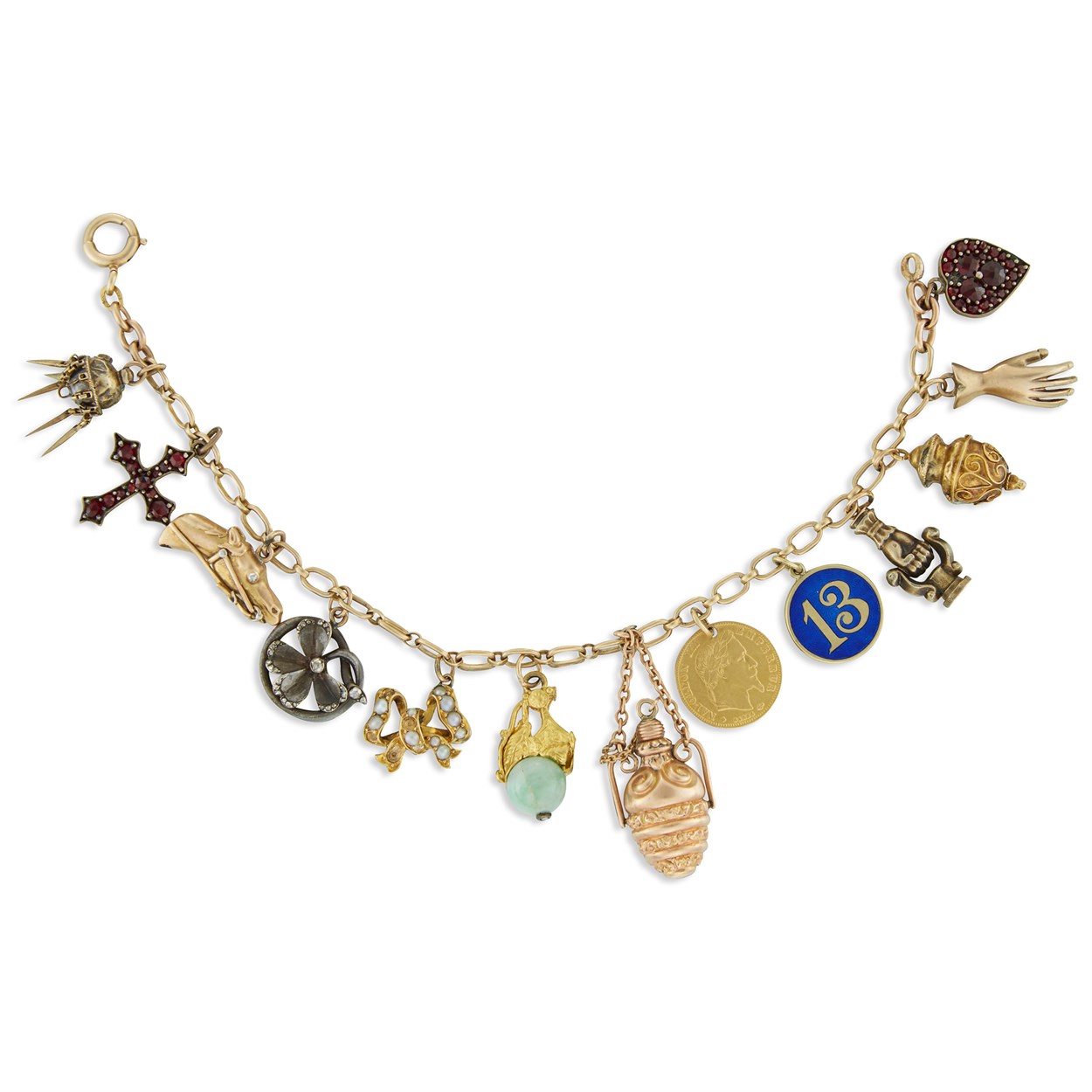 Lot 12 - A gem-set, gold, silver and metal charm bracelet