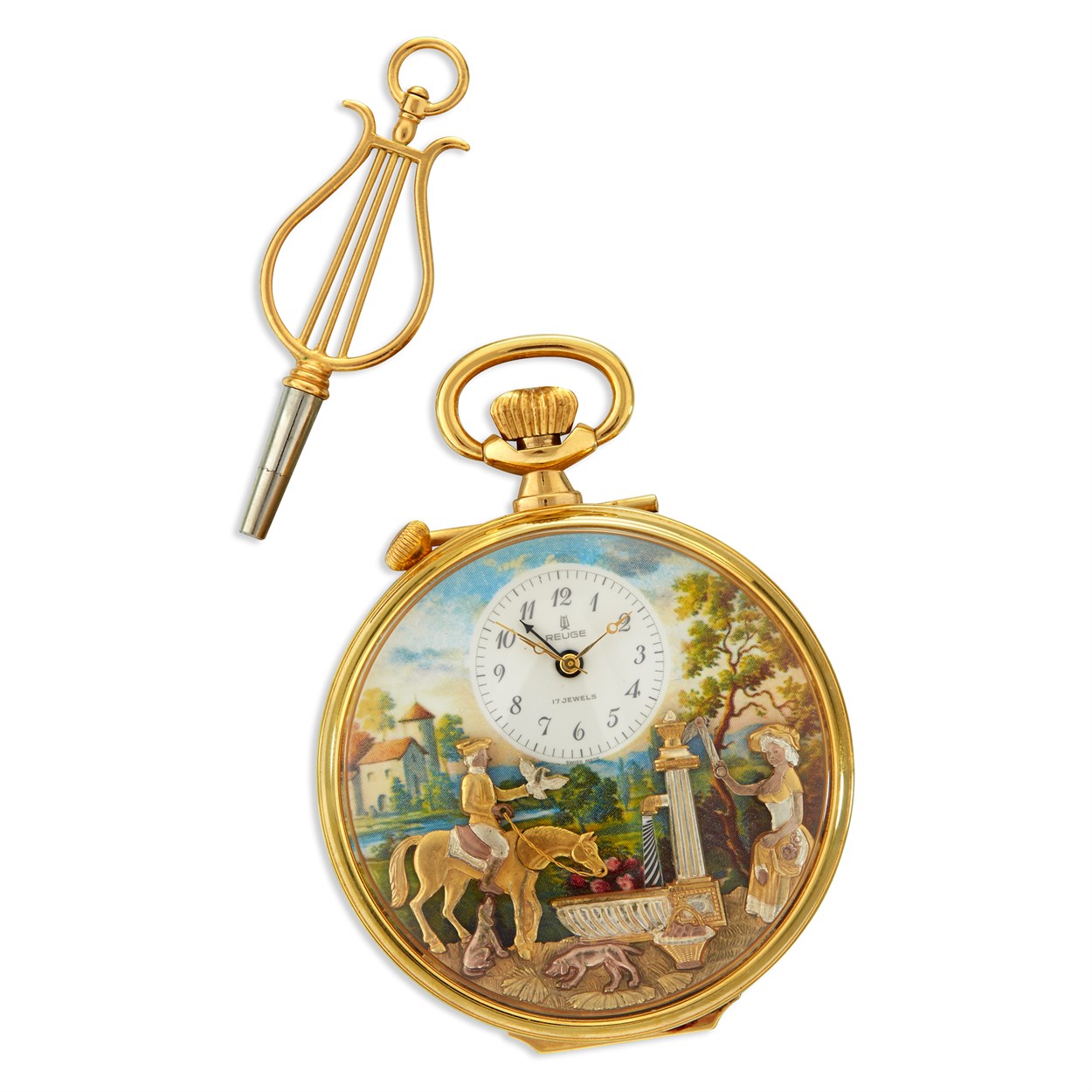 Lot 6 - A gold plated musical automaton pocket watch with alarm, Reuge