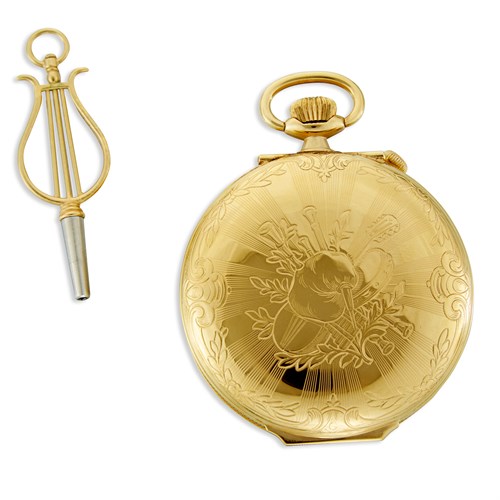 Lot 6 - A gold plated musical automaton pocket watch with alarm, Reuge