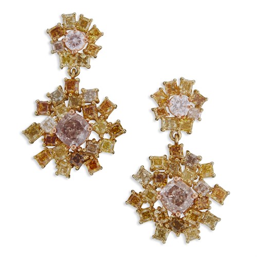 Lot 170 - A pair of fancy brown-pink diamond pendant earrings