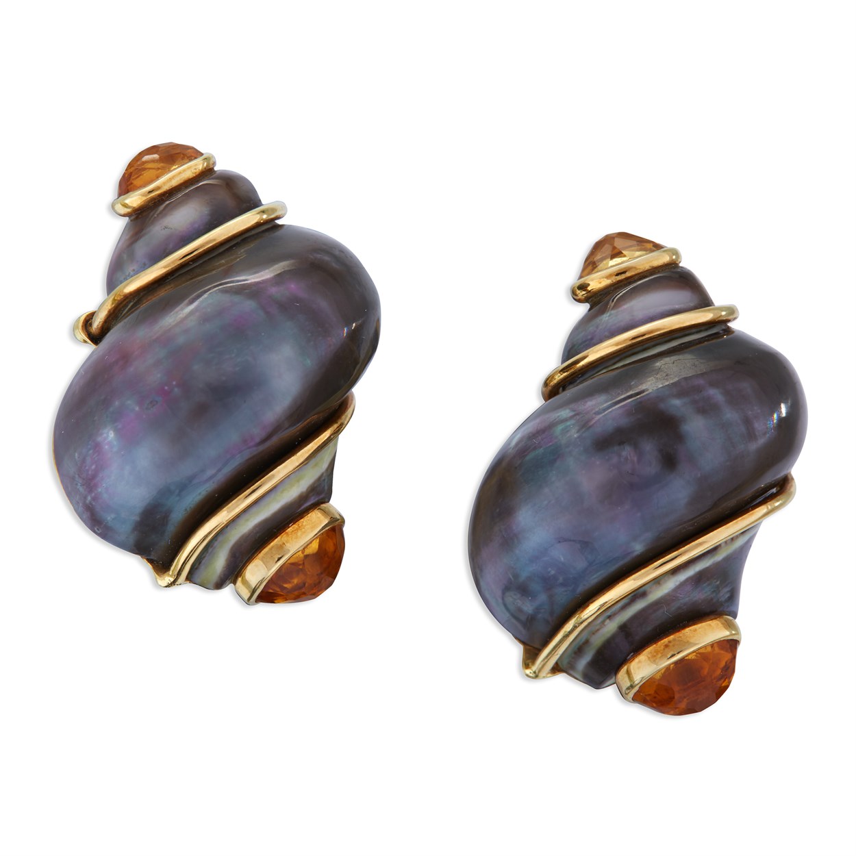 Lot 93 - A pair of shell, citrine, and eighteen karat gold clip earrings, Seaman Schepps