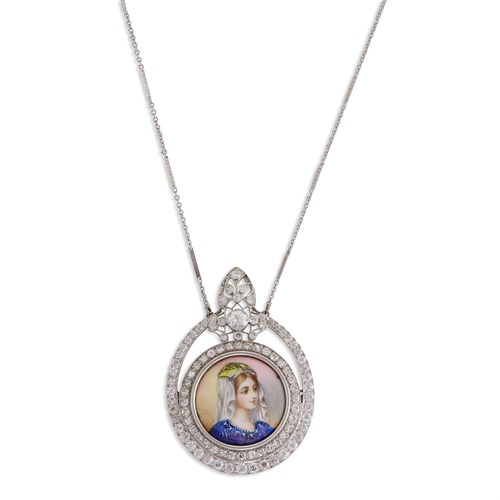 Lot 30 - A platinum and fourteen karat white gold, diamond, and enamel portrait pendant brooch
