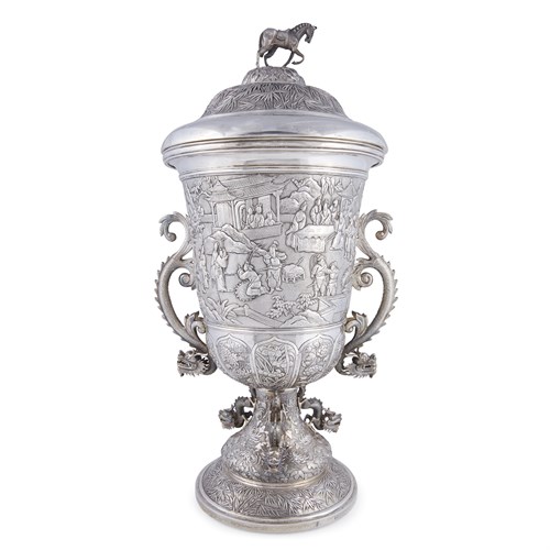 Lot 46 - A large Chinese Export silver trophy cup and cover