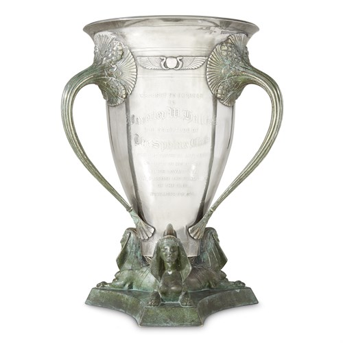 Lot 5 - Sterling silver Egyptian-style three-handled presentation trophy from the Sphinx Club