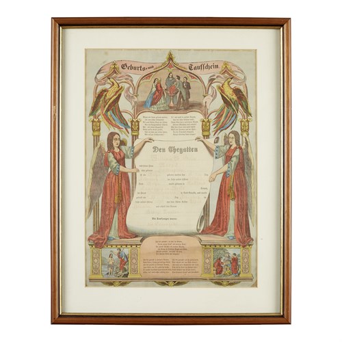 Lot 44 - Two frakturs- engraved and hand-colored birth and baptism records