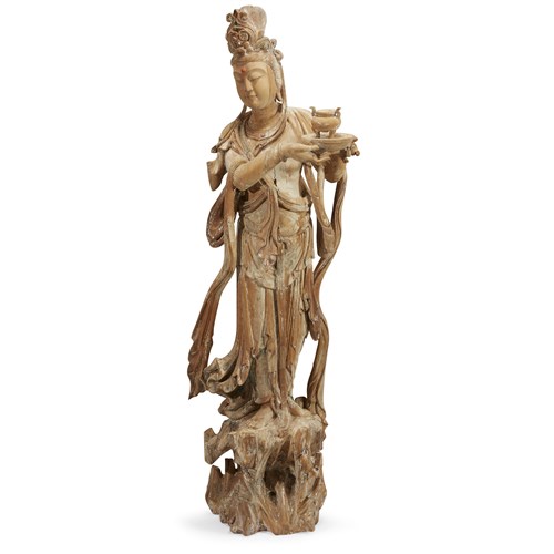 Lot 87 - A large carved wood figure of a bodhisattva