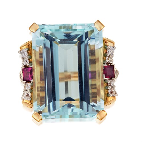 Lot 67 - A retro aquamarine, ruby, diamond, and fourteen karat gold ring