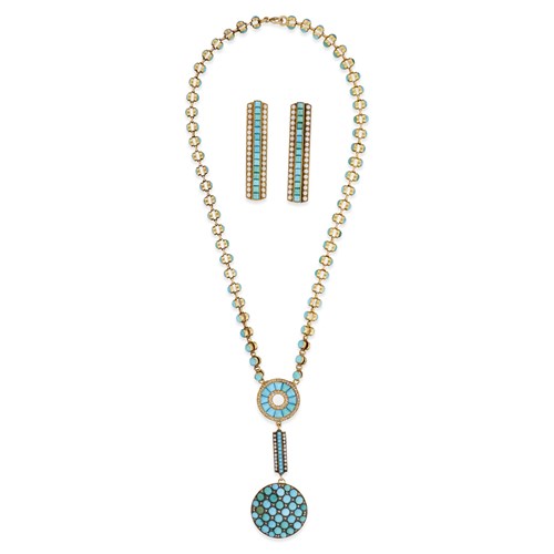 Lot 22 - A ten karat gold, turquoise, diamond, and seed pearl choker and a pair of turquise and seed pearl brooches