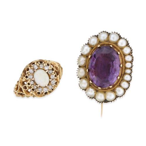 Lot 90 - An eighteen karat gold, opal, and diamond ring and fourteen karat gold, amethyst, and cultured pearl brooch