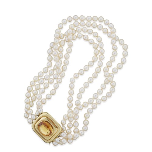Lot 67 - A cultured pearl, citrine, and eighteen karat gold necklace