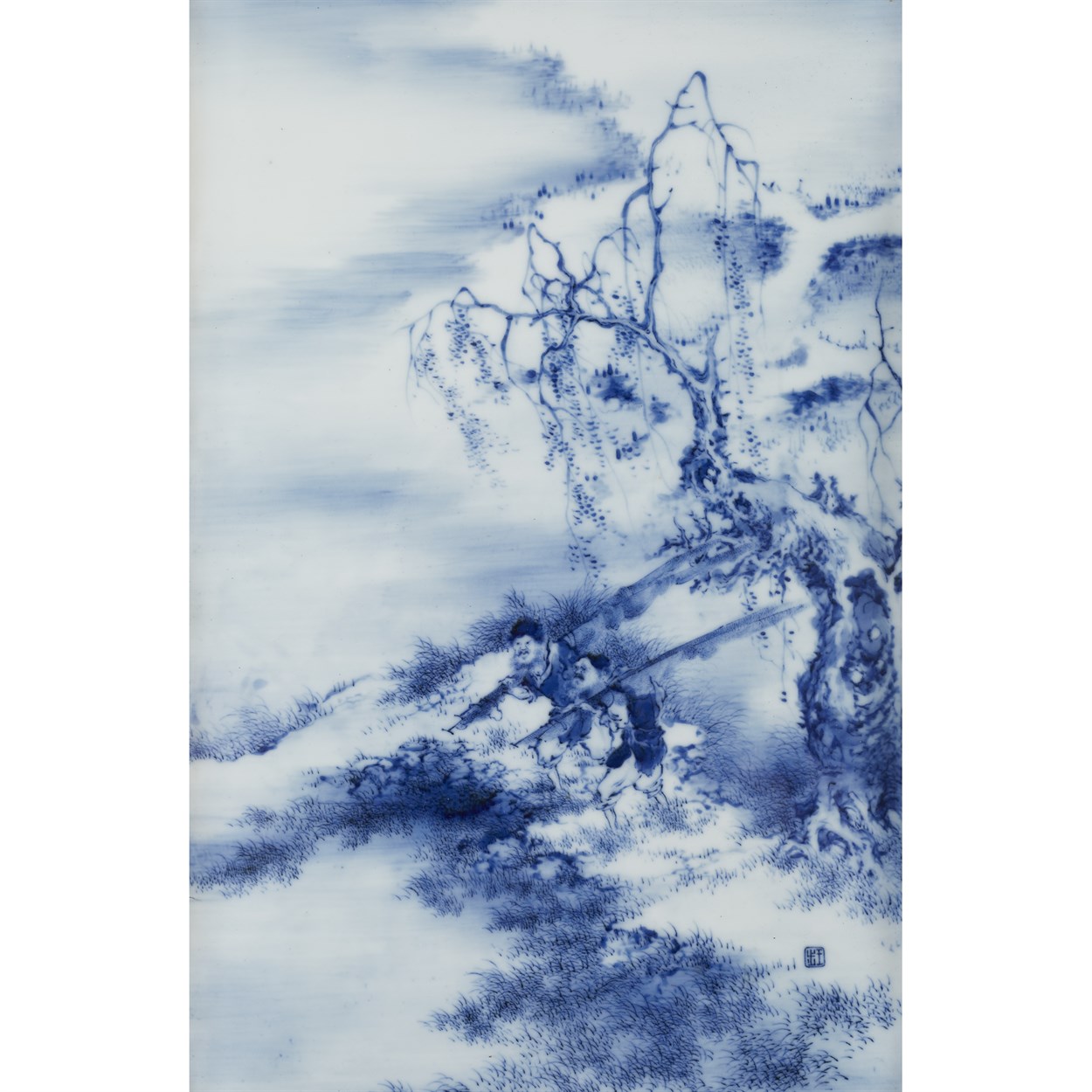 Lot 65 - A Chinese blue and white porcelain plaque, attributed to Wang Bu