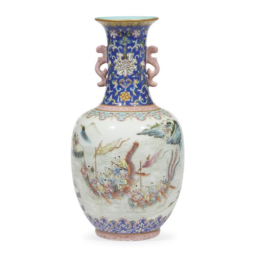 Lot 57 - A Chinese famille rose-decorated porcelain "Dragon Boats" baluster vase