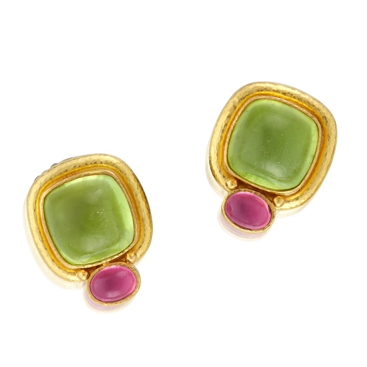 Lot 24 - A pair of eighteen karat gold, peridot, and pink tourmaline earrings, Elizabeth Locke