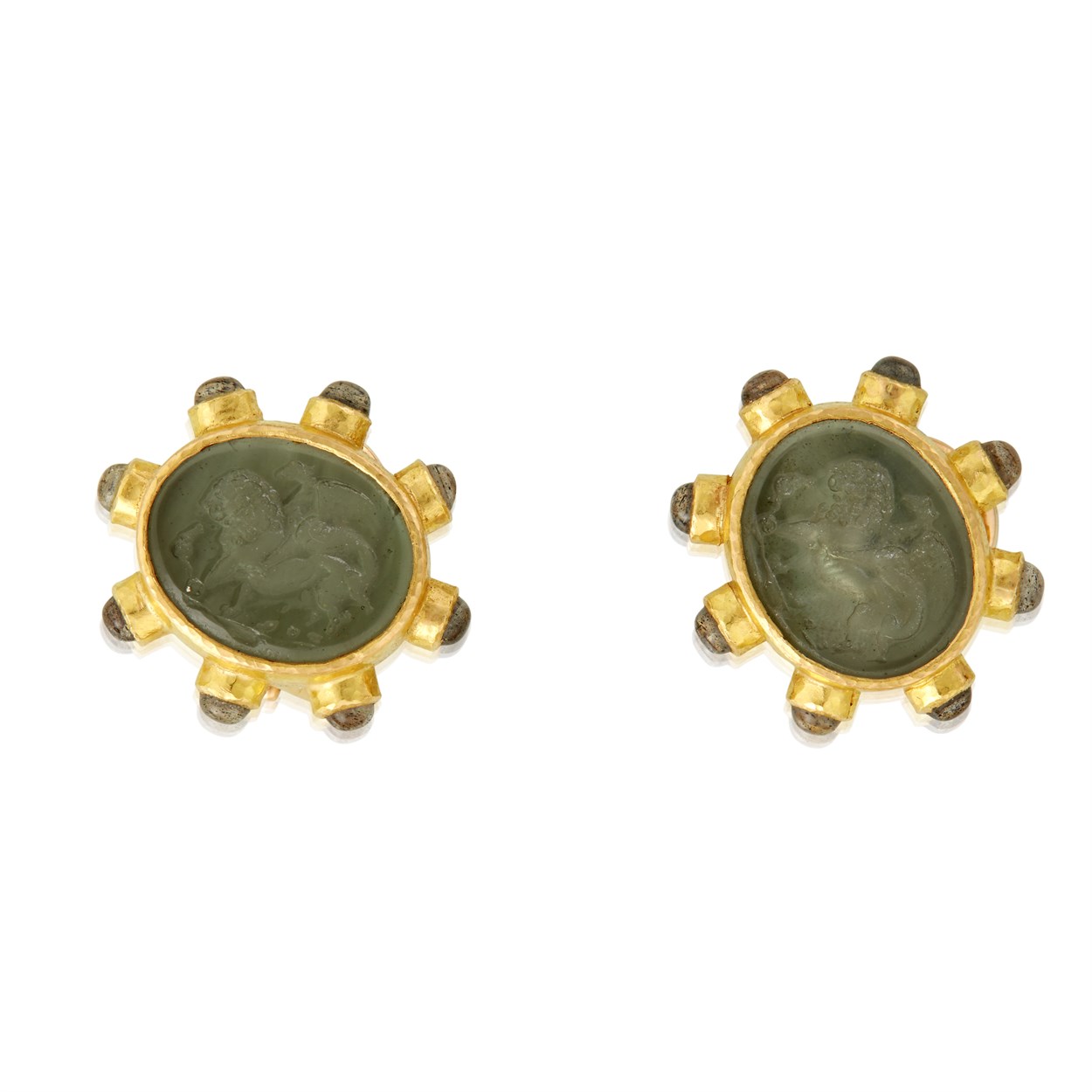 Lot 44 - A pair of nineteen karat gold and carved glass earrings, Elizabeth Locke