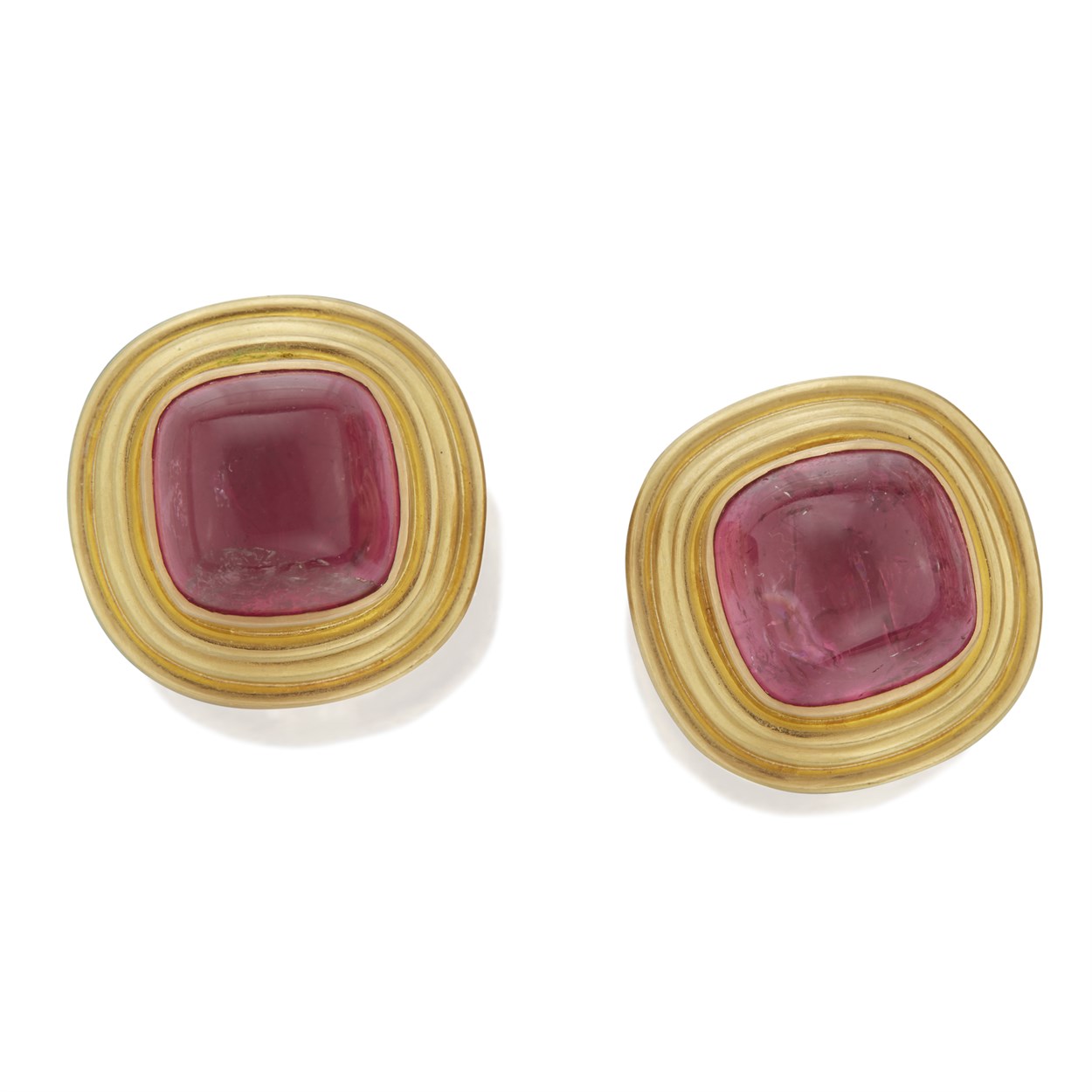 Lot 28 - A pair of pink tourmaline and nineteen karat gold earrings, Elizabeth Locke