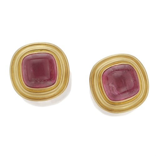 Lot 28 - A pair of pink tourmaline and nineteen karat gold earrings, Elizabeth Locke