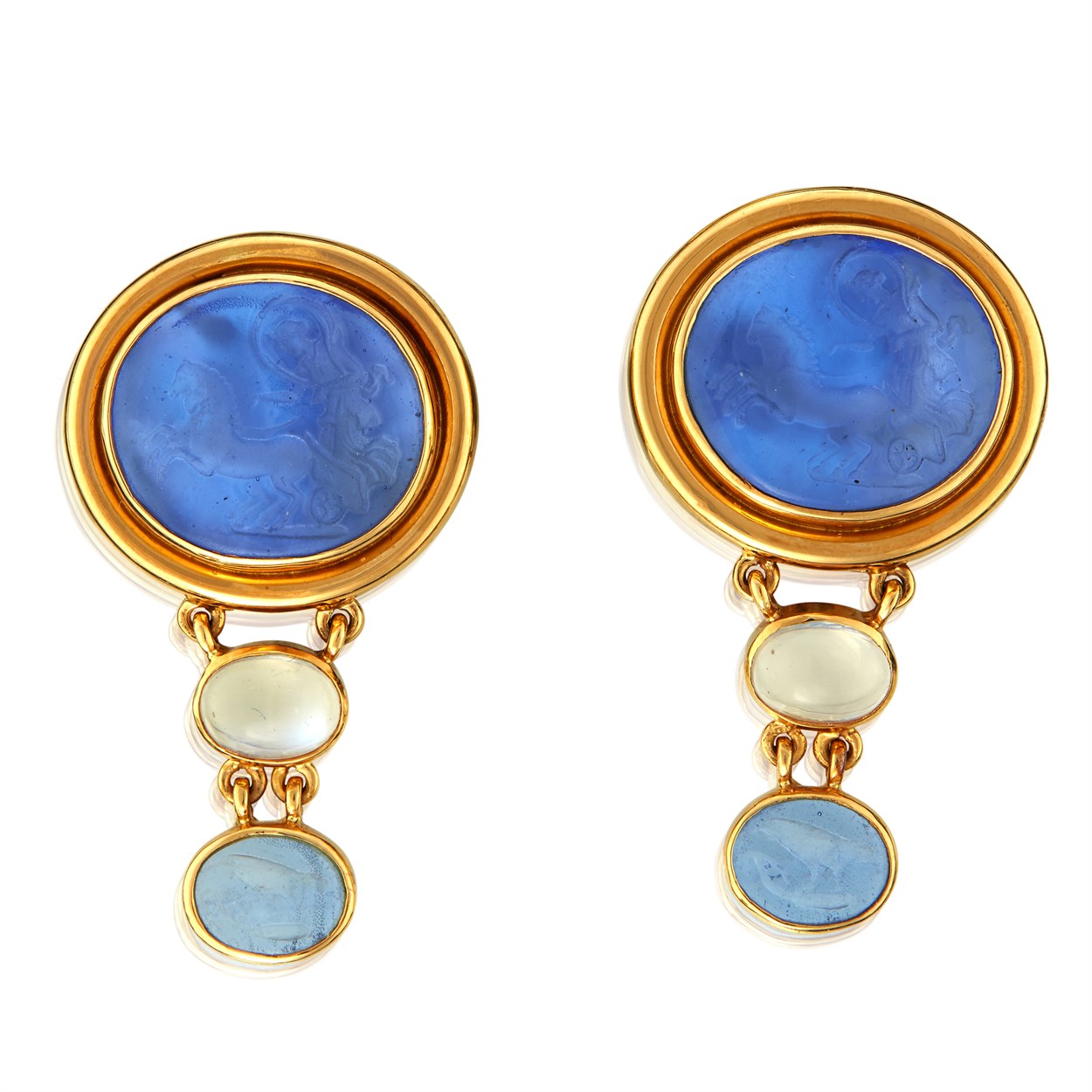 Lot 48 - A pair of eighteen karat gold and carved glass earrings, Elizabeth Locke
