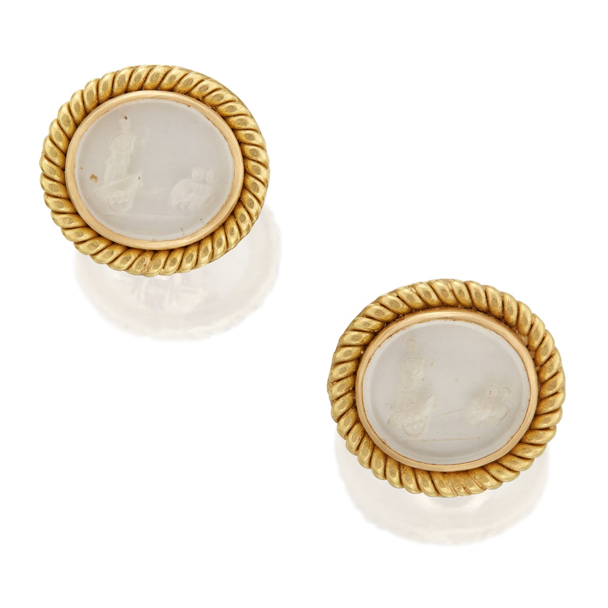 Lot 33 - A pair of carved glass and eighteen karat gold earrings, Elizabeth Locke