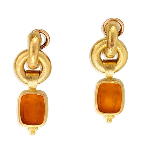 Lot 26 - A pair of carved glass and nineteen karat gold earrings, Elizabeth Locke