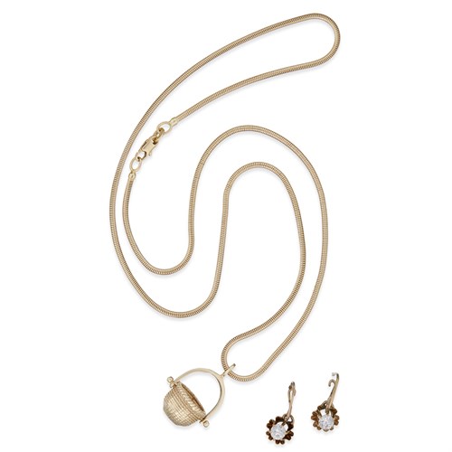 Lot 54 - A fourteen karat gold necklace with pendant and a pair of fourteen karat gold and diamond earrings