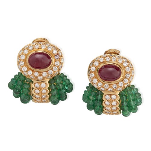 Lot 162 - A pair of eighteen karat gold, emerald, ruby, and diamond earrings, Craig Drake