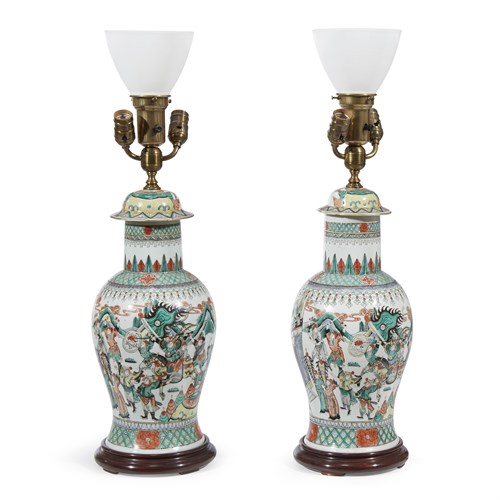 Lot 55 - A pair of Chinese famille verte porcelain covered vases
