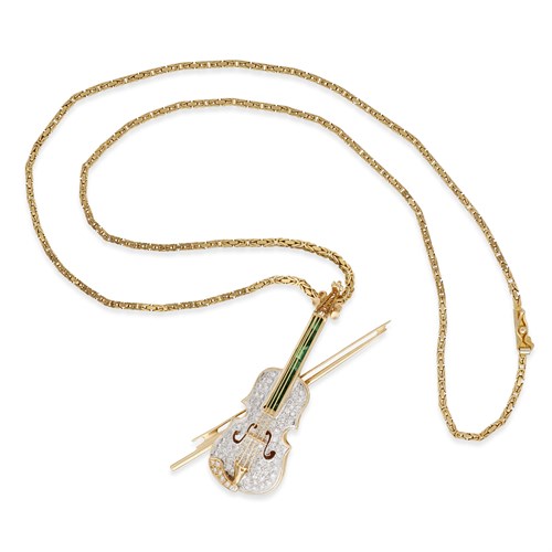 Lot 63 - A fourteen karat gold, diamond, and emerald pendant brooch