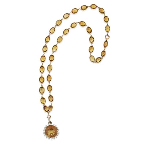 Lot 1 - A fourteen karat gold, citrine, diamond, and cultured pearl necklace