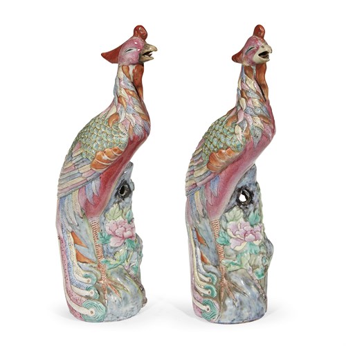Lot 61 - A pair of Chinese enameled porcelain phoenixes