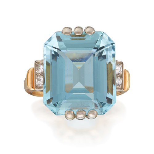 Lot 180 - A two-tone fourteen karat gold, aquamarine, and diamond ring, J. E. Caldwell & Co.