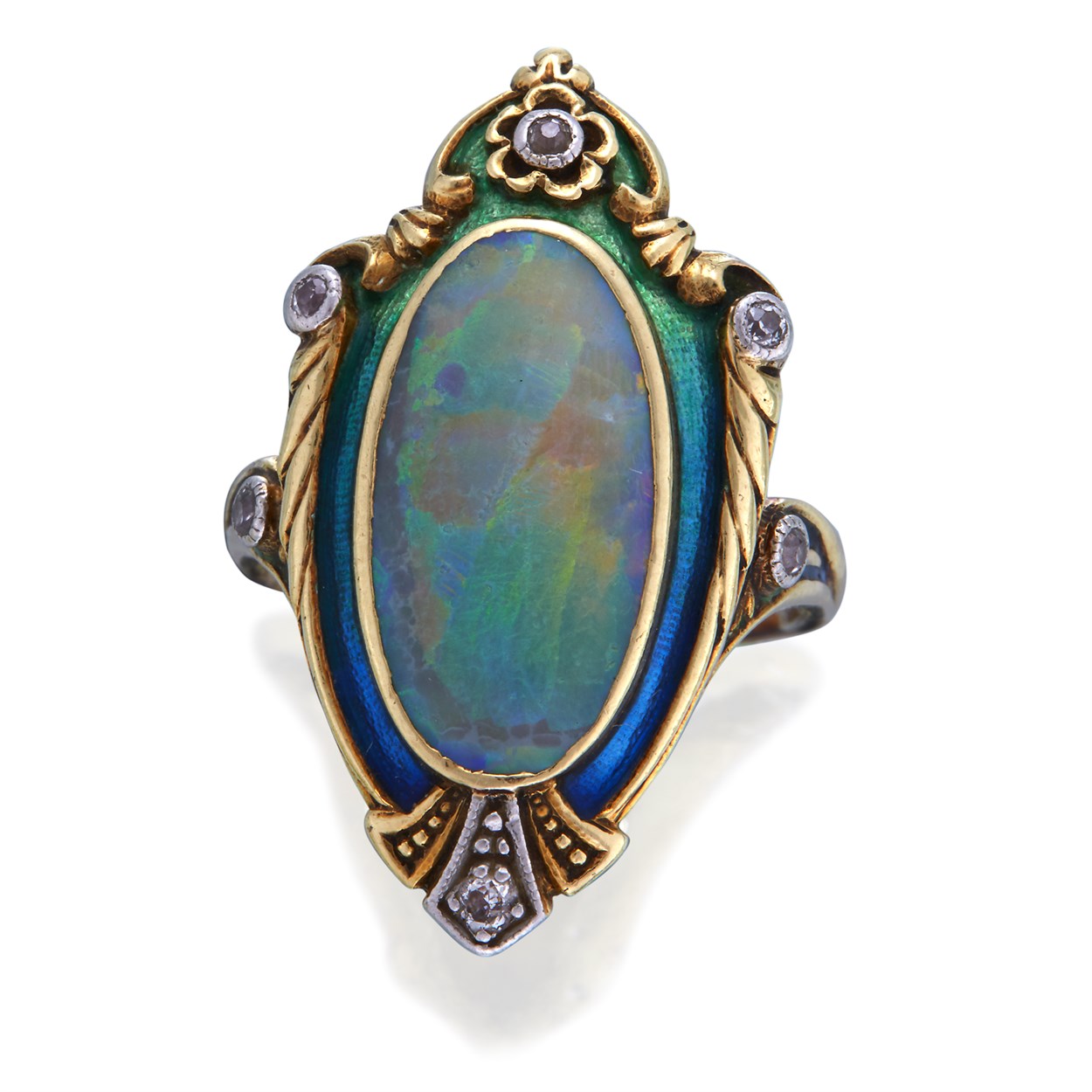 Lot 1 - An Art Nouveau opal and enamel ring, Marcus & Co.