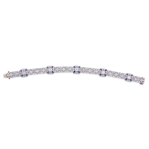 Lot 10 - An Art Deco diamond, sapphire, and platinum bracelet