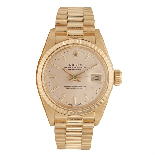 Lot 125 - A lady's eighteen karat gold bracelet wristwatch, Rolex