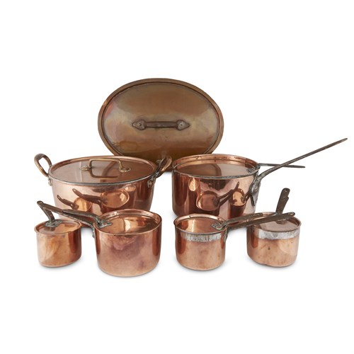 Lot 69 - Group of five assorted copper sauce pans and covers, a stew pot and cover, and an oval cover