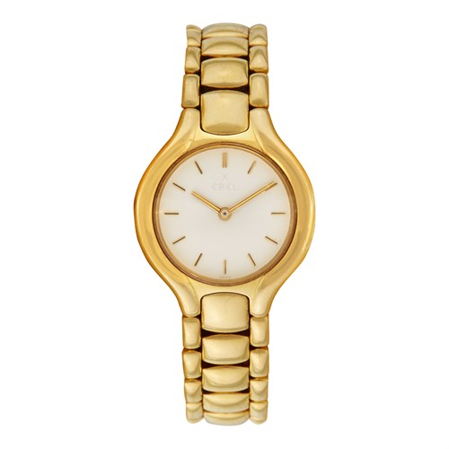 Lot 121 - A lady's eighteen karat gold bracelet wristwatch, Ebel