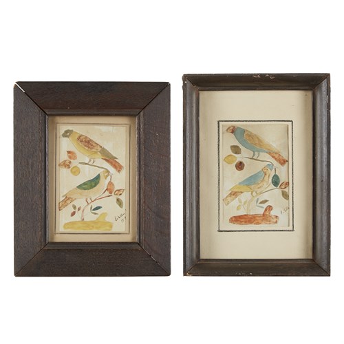 Lot 43 - Two fraktur style watercolor drawings of birds on branches
