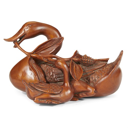Lot 94 - A Chinese carved boxwood figure of two ducks and millet