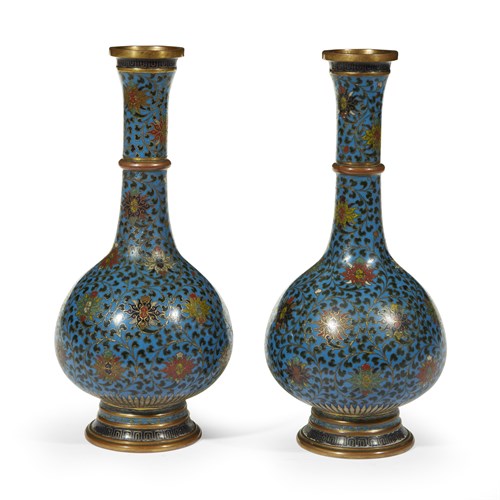 Lot 84 - A pair of Chinese cloisonné bottle vases