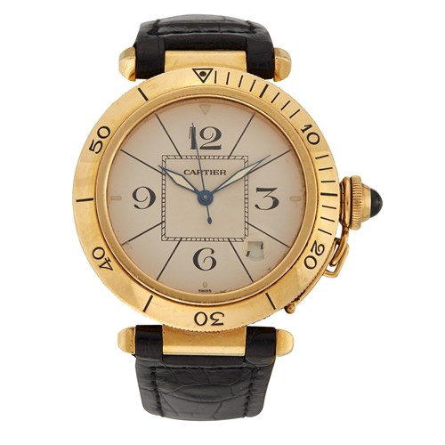 Lot 130 - An eighteen karat gold automatic strap wristwatch with date, Cartier