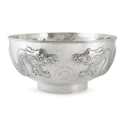 Lot 74 - A massive Chinese silver "Dragon" punch bowl, executed by the workshop of Pei Ji, Hong Kong