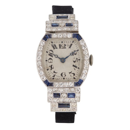 Lot 118 - An Art Deco diamond, synthetic sapphire, and eighteen karat white gold strap wristwatch, Vacheron & Constantin
