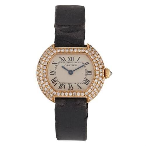 Lot 115 - A diamond and eighteen karat gold strap wristwatch, Cartier
