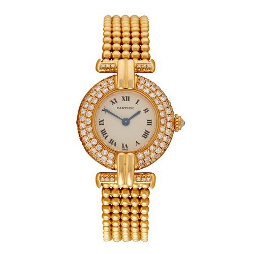 Lot 124 - A diamond and eighteen karat gold bracelet wristwatch, Cartier