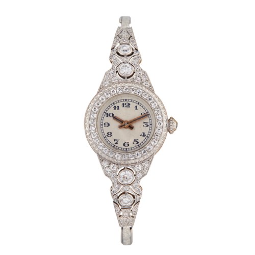 Lot 120 - A diamond and platinum bracelet wristwatch, Jules Jurgensen