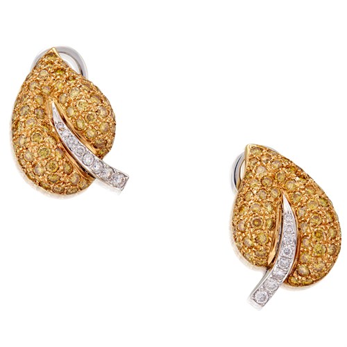 Lot 106 - A pair of eighteen karat gold and diamond earrings
